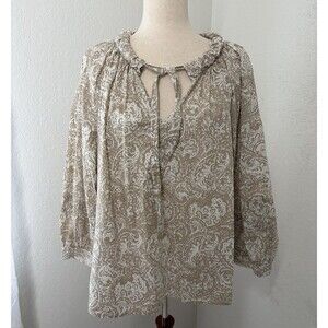 A.N.A Women’s XL Paisley Print Ruffle Neck Tie Boho Peasant Blouse Top Cotton